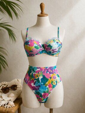 Bikini - Floral 3 Piece Set Bikini and Sarong Size Small EUC